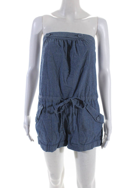 BCBGMAXAZRIA Womens Blue Cotton Chambray Tie Waist Strapless Romper Size 4