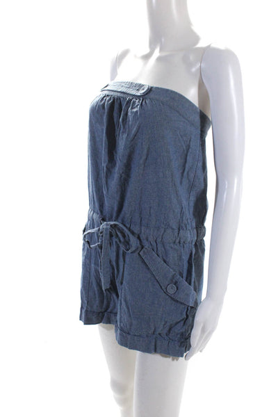 BCBGMAXAZRIA Womens Blue Cotton Chambray Tie Waist Strapless Romper Size 4