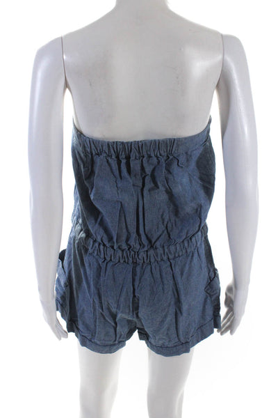 BCBGMAXAZRIA Womens Blue Cotton Chambray Tie Waist Strapless Romper Size 4