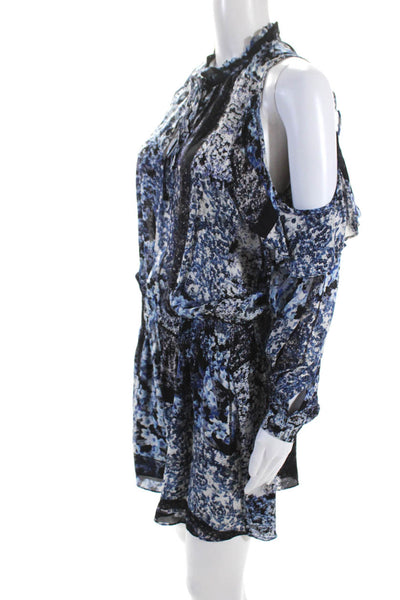 Parker Womens Blue Silk Floral Print Tie V-Neck Long Sleeve Shift Dress Size S