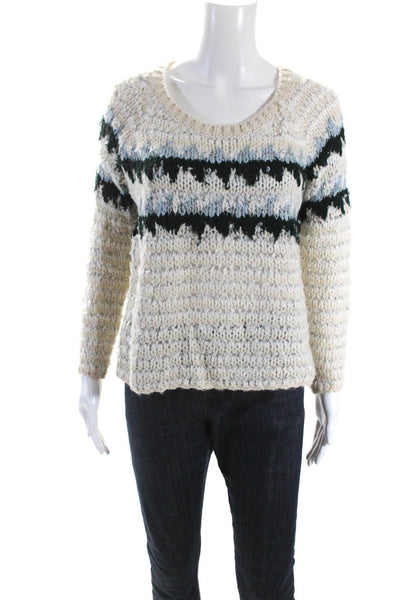 Free People Womens Beige Chunky Knit Printed Crew Neck Sweater Top Size XS