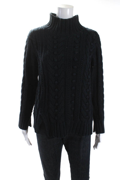 525 America Womens Navy Blue Cotton Cable Knit Mock Neck Sweater Top Size XS