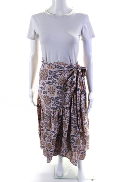 Hannah Womens Side Tie Floral Midi Wrap Skirt Pink Gray Cotton Size 1