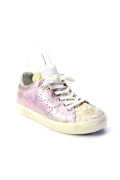 Crown Womens Lace Up Metallic Floral Low Top Sneakers Pink Leather Size 6