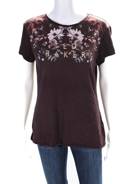 Ted Baker London Womens Jersey Knit Floral Cap Sleeve T-Shirt Tee Purple Size 4