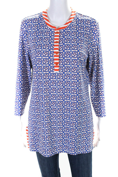 J. Mclaughlin Womens Jersey Knit Abstract Printed V-Neck Tunic Top Blue Size L