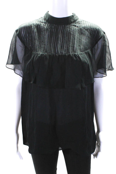 Go By GoSilk Womens Silk Ruffled Short Sleeves Blouse Black Size Large