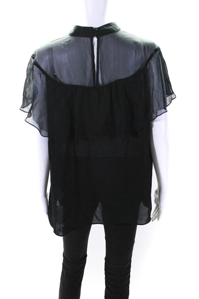 Go By GoSilk Womens Silk Ruffled Short Sleeves Blouse Black Size Large