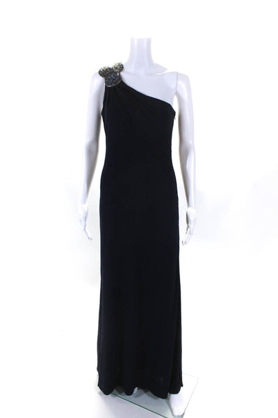 David Meister Womens Jersey Knit Beaded One Shoulder Gown Dress Navy Blue Size 6