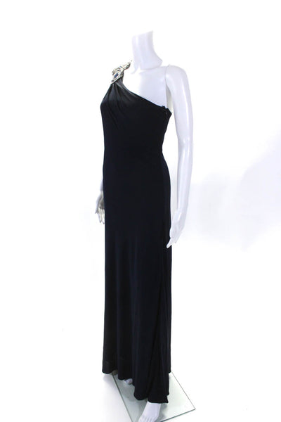 David Meister Womens Jersey Knit Beaded One Shoulder Gown Dress Navy Blue Size 6