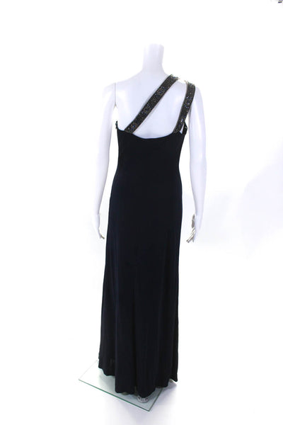 David Meister Womens Jersey Knit Beaded One Shoulder Gown Dress Navy Blue Size 6