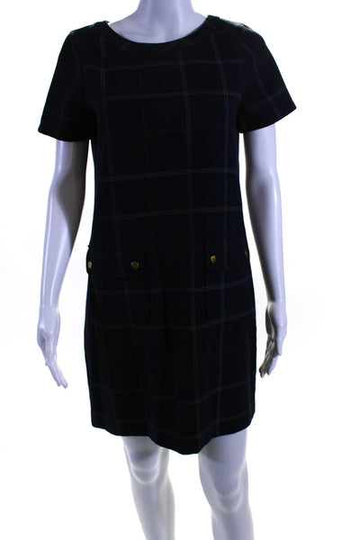 J Crew Womens Knit Plaid Short Sleeve Crew Neck Shift Dress Navy Blue Size 2