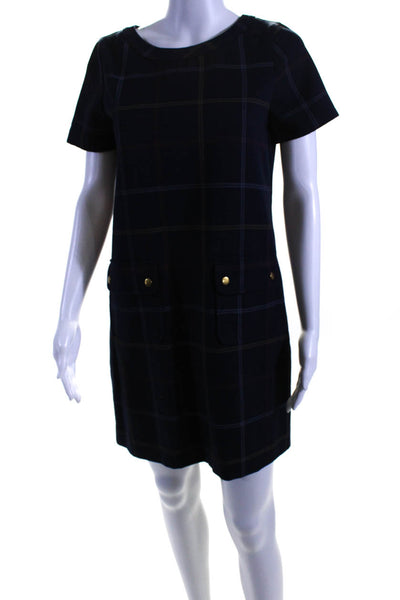 J Crew Womens Knit Plaid Short Sleeve Crew Neck Shift Dress Navy Blue Size 2