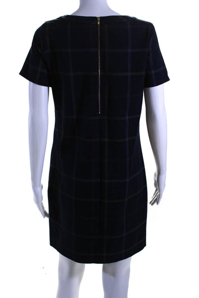 J Crew Womens Knit Plaid Short Sleeve Crew Neck Shift Dress Navy Blue Size 2