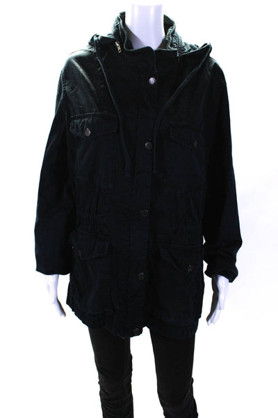 Vince Womens Full Zipper Hooded Cargo Jacket Navy Blue Cotton Size Large