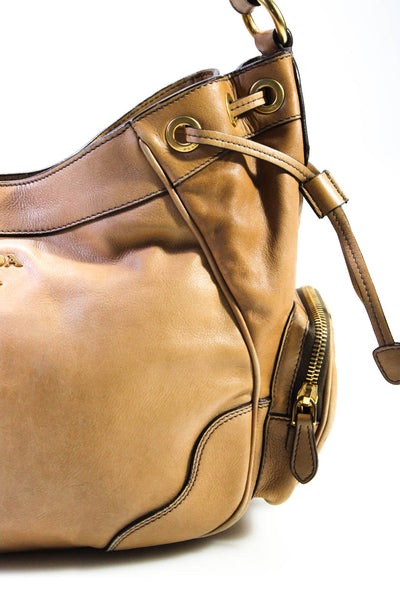 Prada Womens Leather Medallion Drawstring Snapped Button Shoulder Handbag Brown