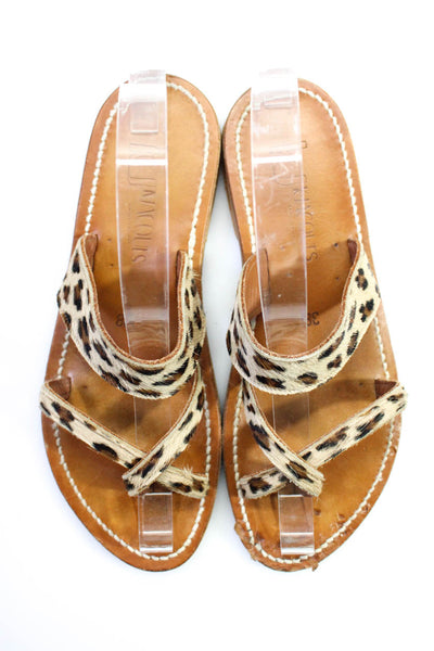 Kjaques St. Tropez Women's Toe Loop Leather Flat Sandals Animal Print Size 8