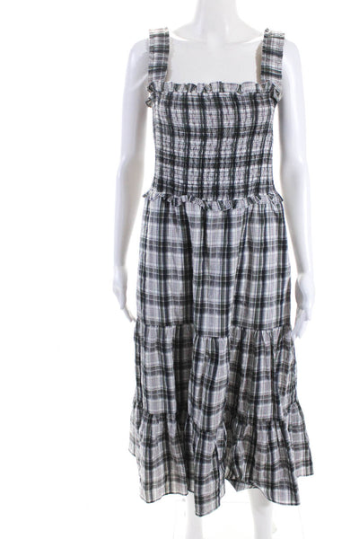 Veronica Beard Womens Cotton Plaid Smocked Tiered Sleeveless Dress Green Size 6