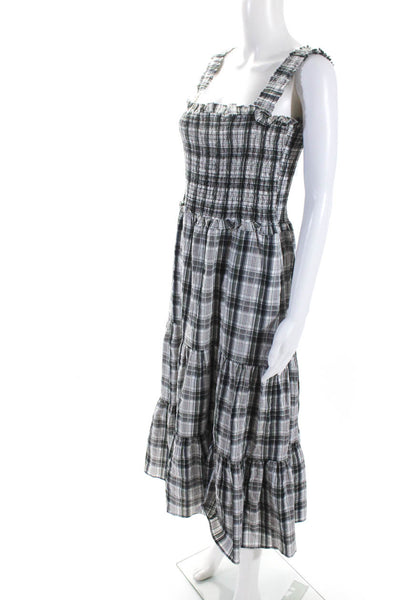 Veronica Beard Womens Cotton Plaid Smocked Tiered Sleeveless Dress Green Size 6