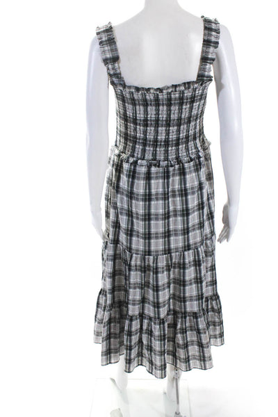 Veronica Beard Womens Cotton Plaid Smocked Tiered Sleeveless Dress Green Size 6