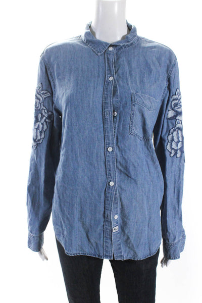 Rails Women's Collared Long Sleeves Embroidered Chambray Shirt Blue Size M