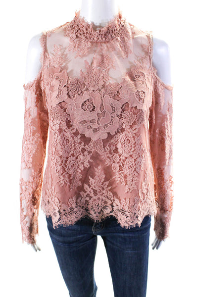 Saylor Womens Floral Lace Mock Neck Keyhole Back Cold Shoulder Top Pink Size M