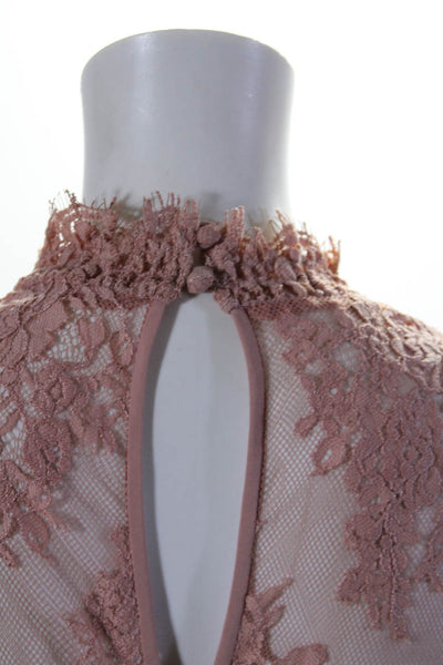 Saylor Womens Floral Lace Mock Neck Keyhole Back Cold Shoulder Top Pink Size M