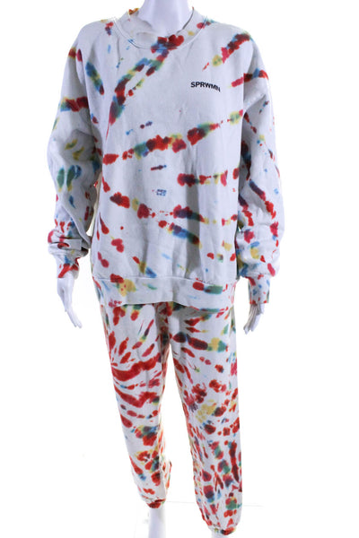 SPRWMN Womens Tie Dye Sweatshirt Sweatpants Set White Size M