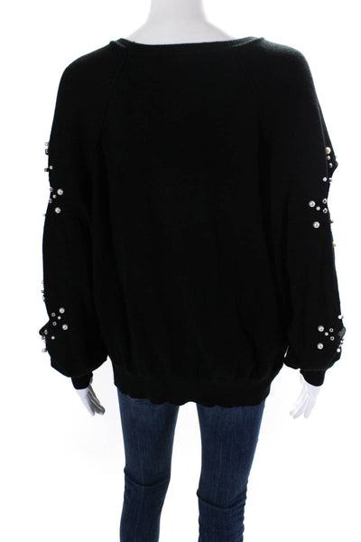 Elan Womens Knit Pearl Embellished Cut Out Long Sleeve Sweater Top Black Size L