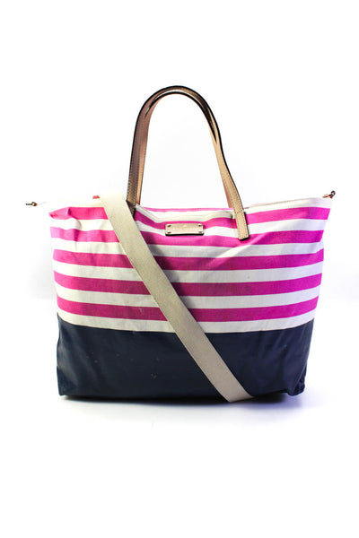 Kate Spade New York Womens Pink Navy Striped Zip Shoulder Tote Bag Handbag