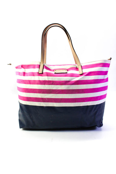 Kate Spade New York Womens Pink Navy Striped Zip Shoulder Tote Bag Handbag