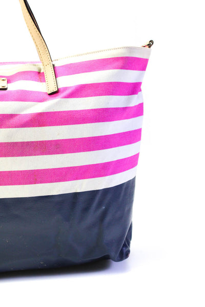 Kate Spade New York Womens Pink Navy Striped Zip Shoulder Tote Bag Handbag