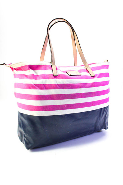 Kate Spade New York Womens Pink Navy Striped Zip Shoulder Tote Bag Handbag