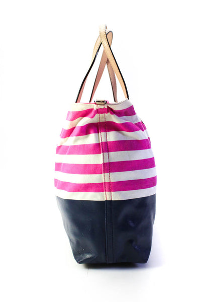 Kate Spade New York Womens Pink Navy Striped Zip Shoulder Tote Bag Handbag