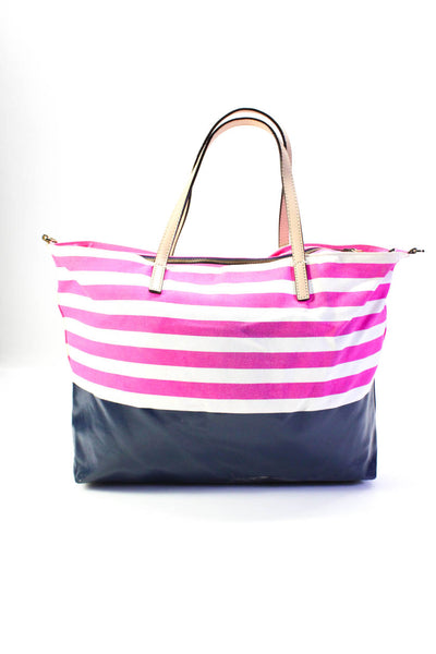 Kate Spade New York Womens Pink Navy Striped Zip Shoulder Tote Bag Handbag