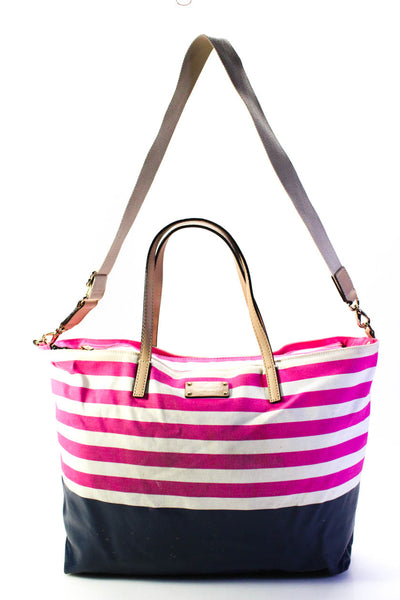 Kate Spade New York Womens Pink Navy Striped Zip Shoulder Tote Bag Handbag