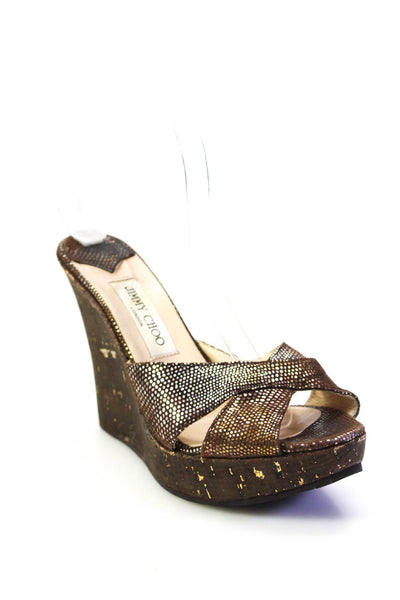 Jimmy Choo Womens Platform Metallic Cross Strap Sandals Brown Suede Size 40