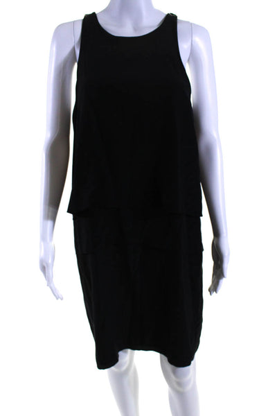 Tibi Womens Silk Layered Sleeveless Midi Round Neck Dress Black Size 10