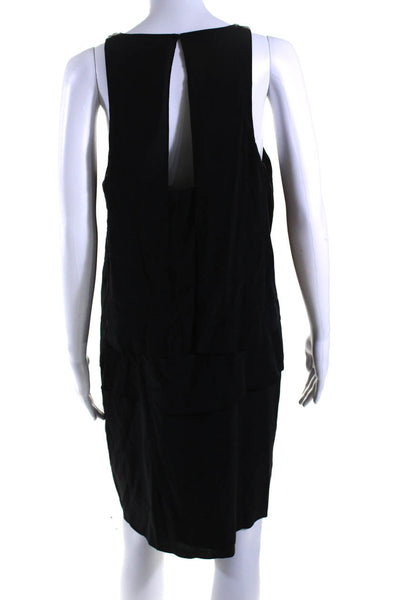 Tibi Womens Silk Layered Sleeveless Midi Round Neck Dress Black Size 10