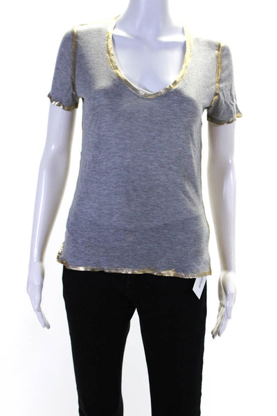 Zadig & Voltaire Womens Short Sleeves V Neck Tee Shirt Gray Gold Size Extra Smal