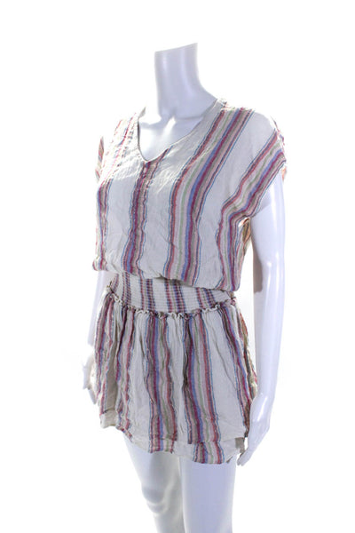 Rails Womens Striped V-Neck Sleeveless Smocked Waist A-Line Dress Beige Size S