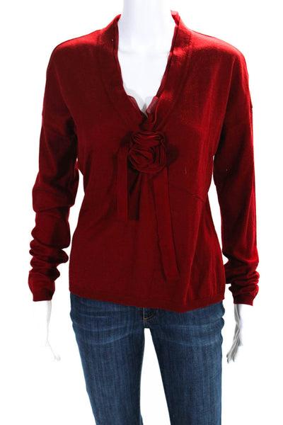 Valentino Womens Wool Thin-Knit Ruffled Flower Accent Long Sleeve Top Red Size L