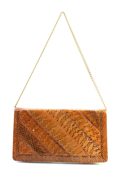 Bags by Varon Womens Leather Snakeskin Print Flap Shoulder Handbag Brown