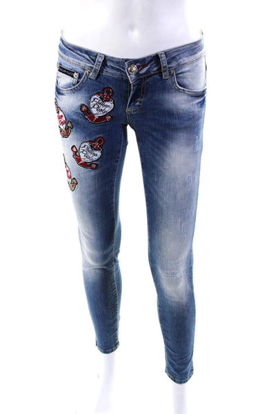 Philipp Plein Womens Patchwork Jeweled Buttoned Skinny Leg Jeans Blue Size EUR26