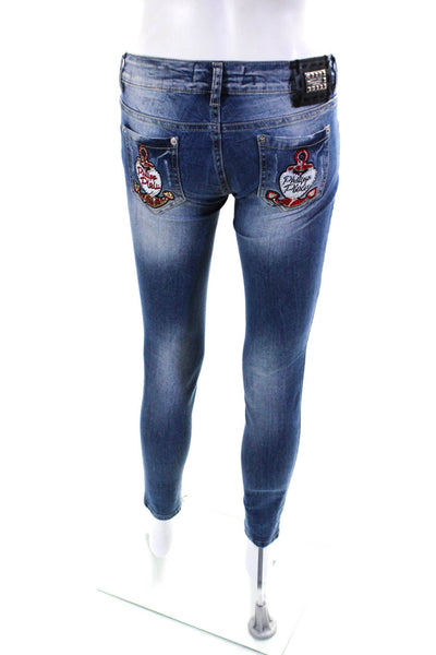 Philipp Plein Womens Patchwork Jeweled Buttoned Skinny Leg Jeans Blue Size EUR26