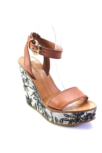 Miu Miu Womens Floral Canvas Wedge Heel Sandals Brown Leather Size 36.5 6.5