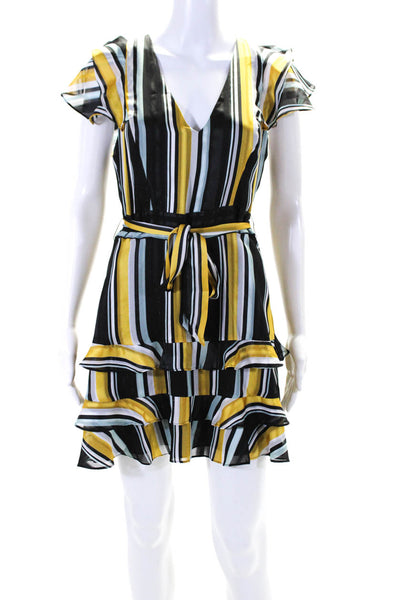 Parker Womens Striped Satin Ruffle V Neck Sheath Dress Black Blue Yellow Size 4