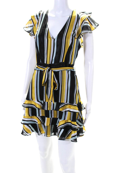 Parker Womens Striped Satin Ruffle V Neck Sheath Dress Black Blue Yellow Size 4