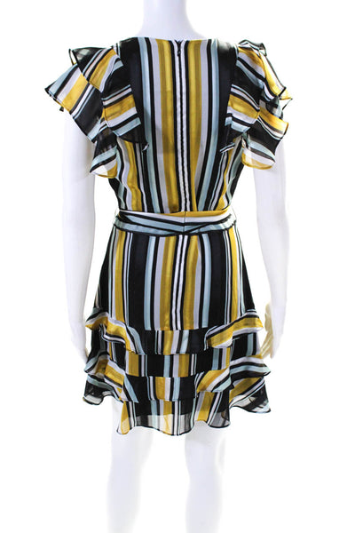 Parker Womens Striped Satin Ruffle V Neck Sheath Dress Black Blue Yellow Size 4