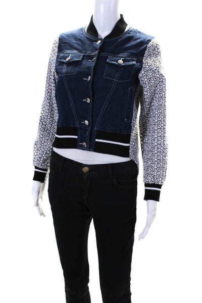 Liberti K Womens Embroidered Eyelet Denim Bomber Jacket Blue White Size Small